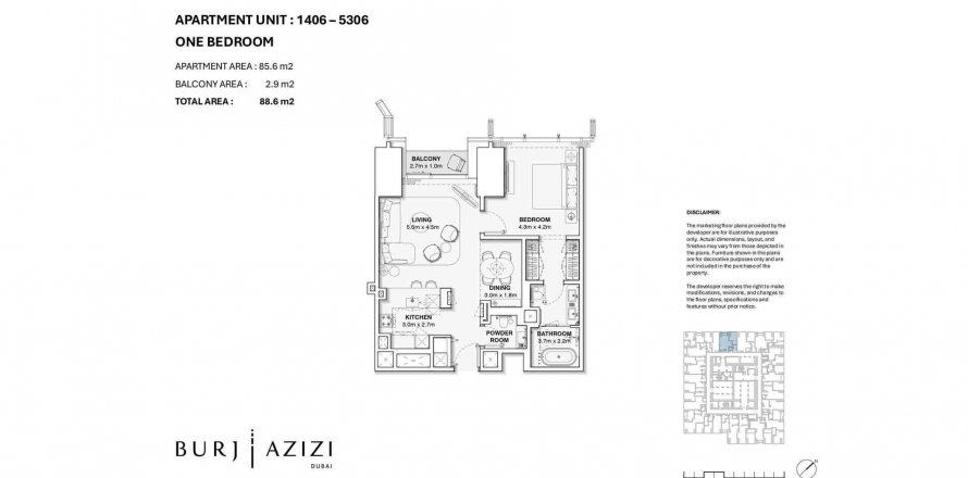 Apartment in Burj Azizi in Sheikh Zayed Road, Dubai, UAE 1 bedroom, 88.6 sq.m. № 572524
