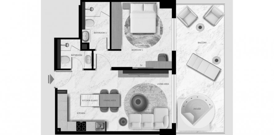 Планировка «1BR» 2 комнаты в ЖК Aark Terraces