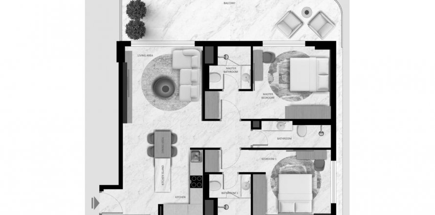 Планировка «2BR» 3 комнаты в ЖК Aark Terraces
