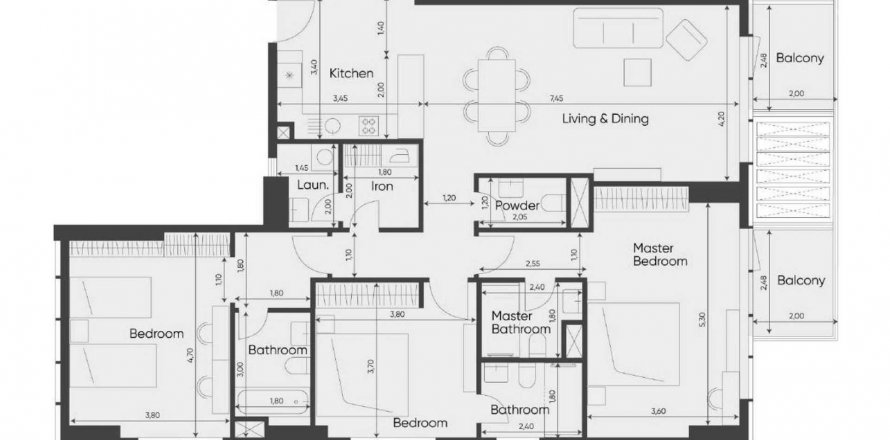 Планировка «3BR» 4 комнаты в ЖК Sea Legend One