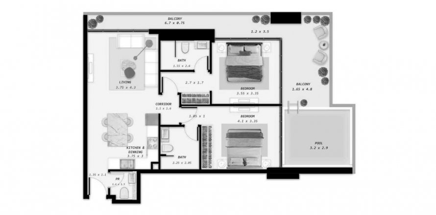 Apartament në Samana Park Meadows në Dubai Land, Emiratet e Bashkuara Arabe 2 dhoma gjumi, 109.65 m2. № 568997