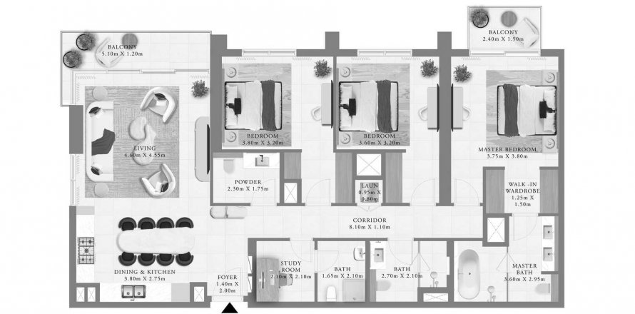 Планировка «3BR» 4 комнаты в ЖК Altus