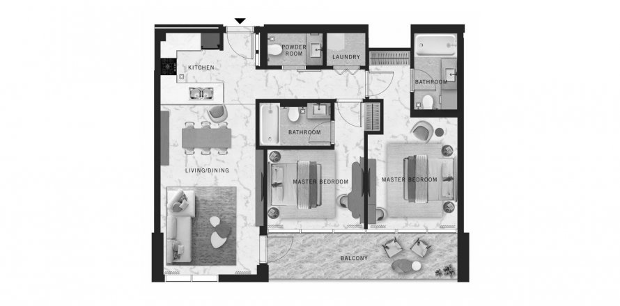 Планировка «2BR» 3 комнаты в ЖК DoubleTree by Hilton Residences