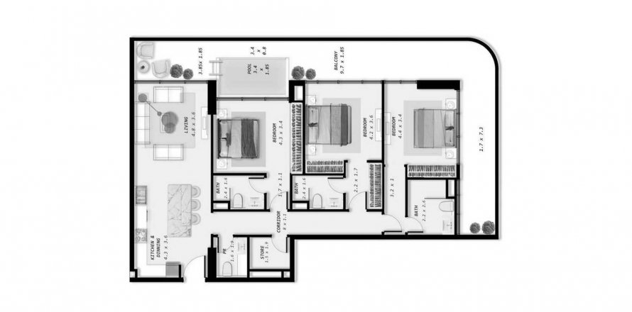 Byt v Ocean Pearl v Dubai, SAE 3 ložnice, 171.2 m² Č.: 541031
