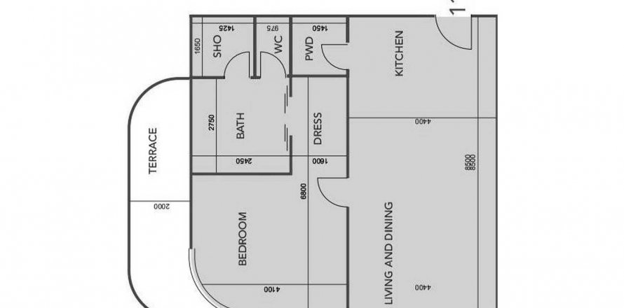 Byt půdorys «1BR», 1 ložnice v Cotier House